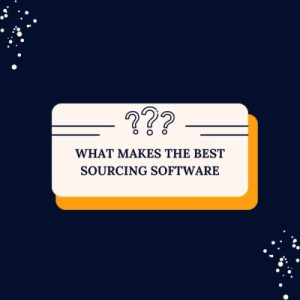 Image of white question marks on a blue and yellow background for an article about What Makes the Best Sourcing Software?.